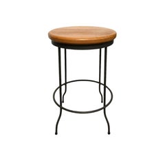 Vintage Mid-Century Modern Round Cast Iron Stool Chair with Mahogany Seat