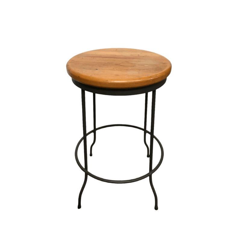 American Vintage Mid-Century Modern Round Cast Iron Stool Chair with Mahogany Seat