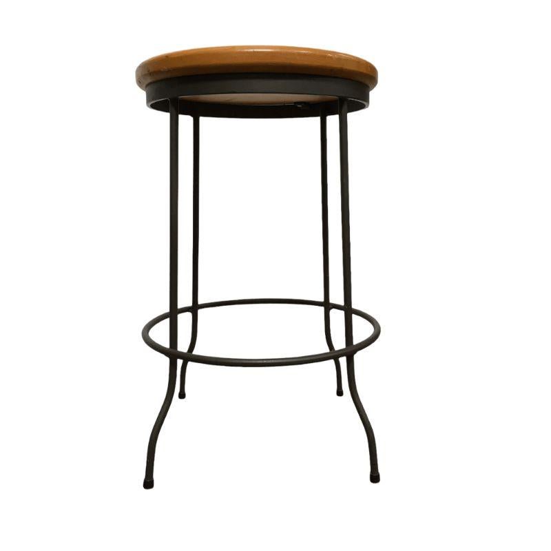 Vintage Mid-Century Modern Round Cast Iron Stool Chair with Mahogany Seat In Excellent Condition In Van Nuys, CA