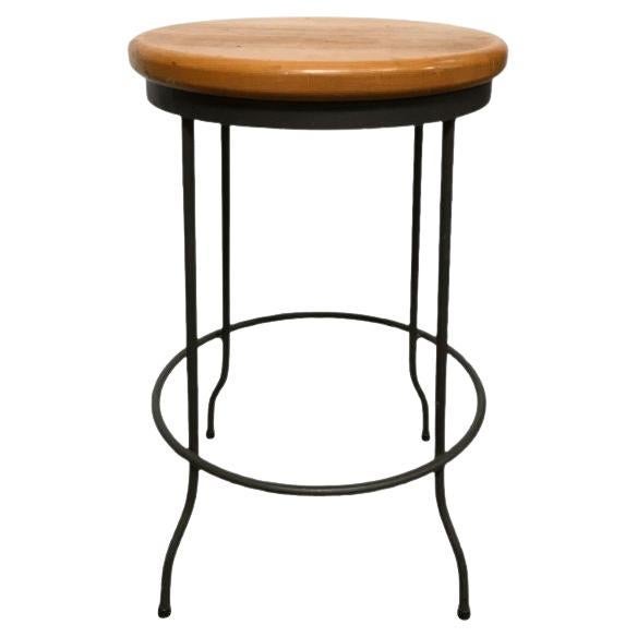 Vintage Mid-Century Modern Round Cast Iron Stool Chair with Mahogany Seat