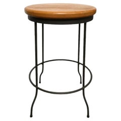 Vintage Mid-Century Modern Round Cast Iron Stool Chair with Mahogany Seat