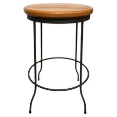 Vintage Mid-Century Modern Round Cast Iron Stool Chair with Mahogany Seat