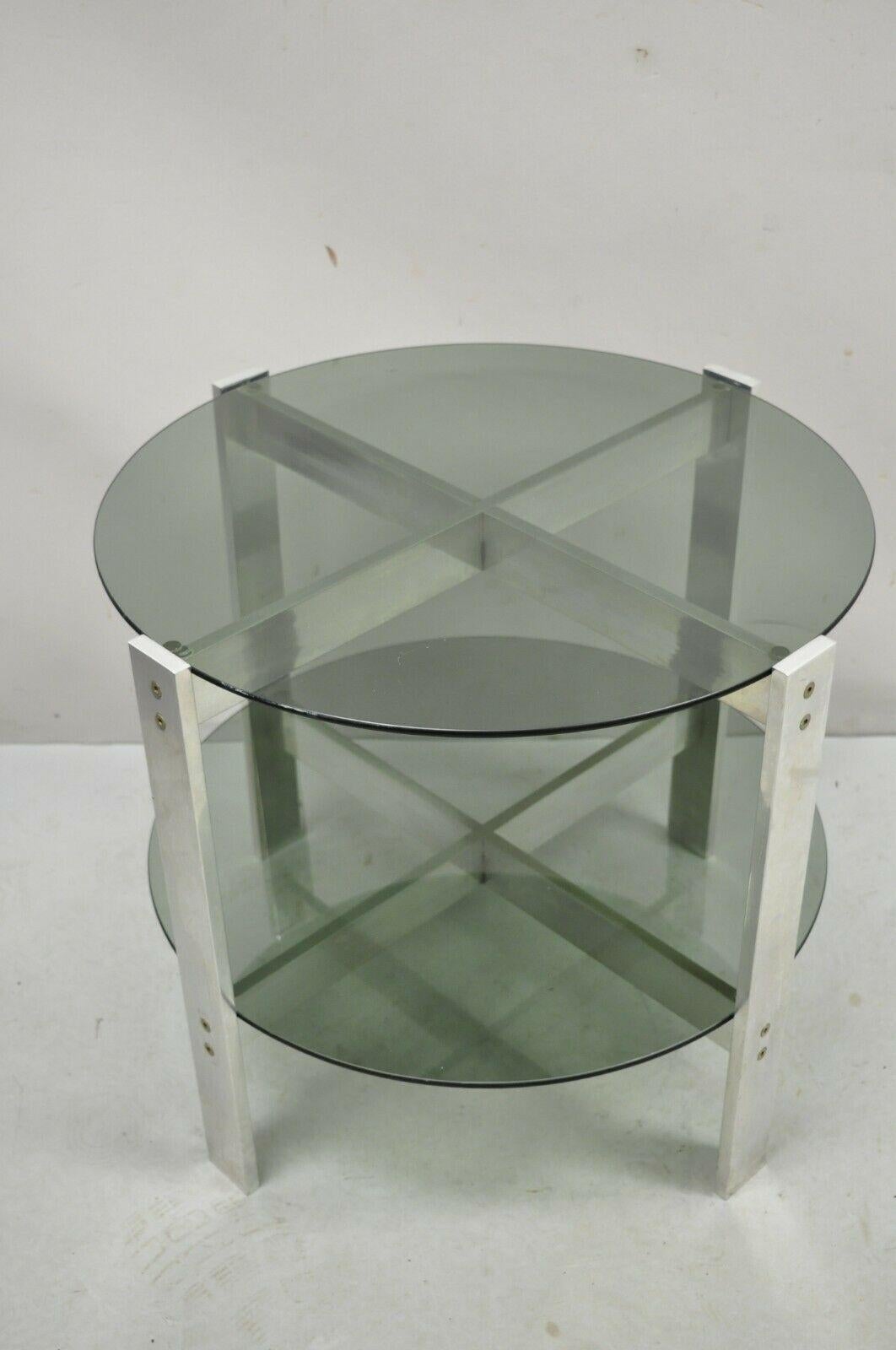 Vintage Mid-Century Modern Round Smoked Glass 2 Tier Aluminum Base Side Table For Sale 6