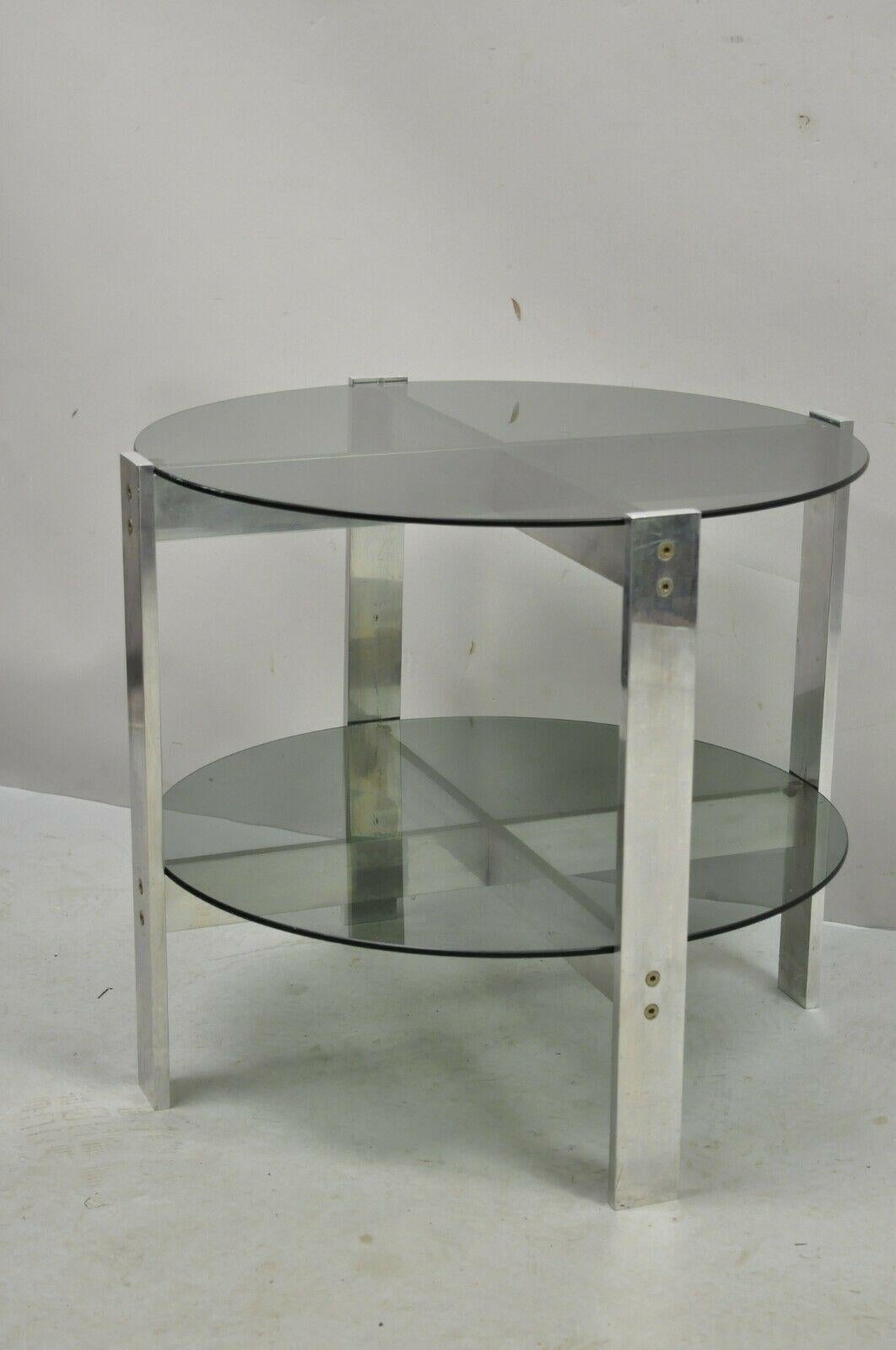 20th Century Vintage Mid-Century Modern Round Smoked Glass 2 Tier Aluminum Base Side Table For Sale