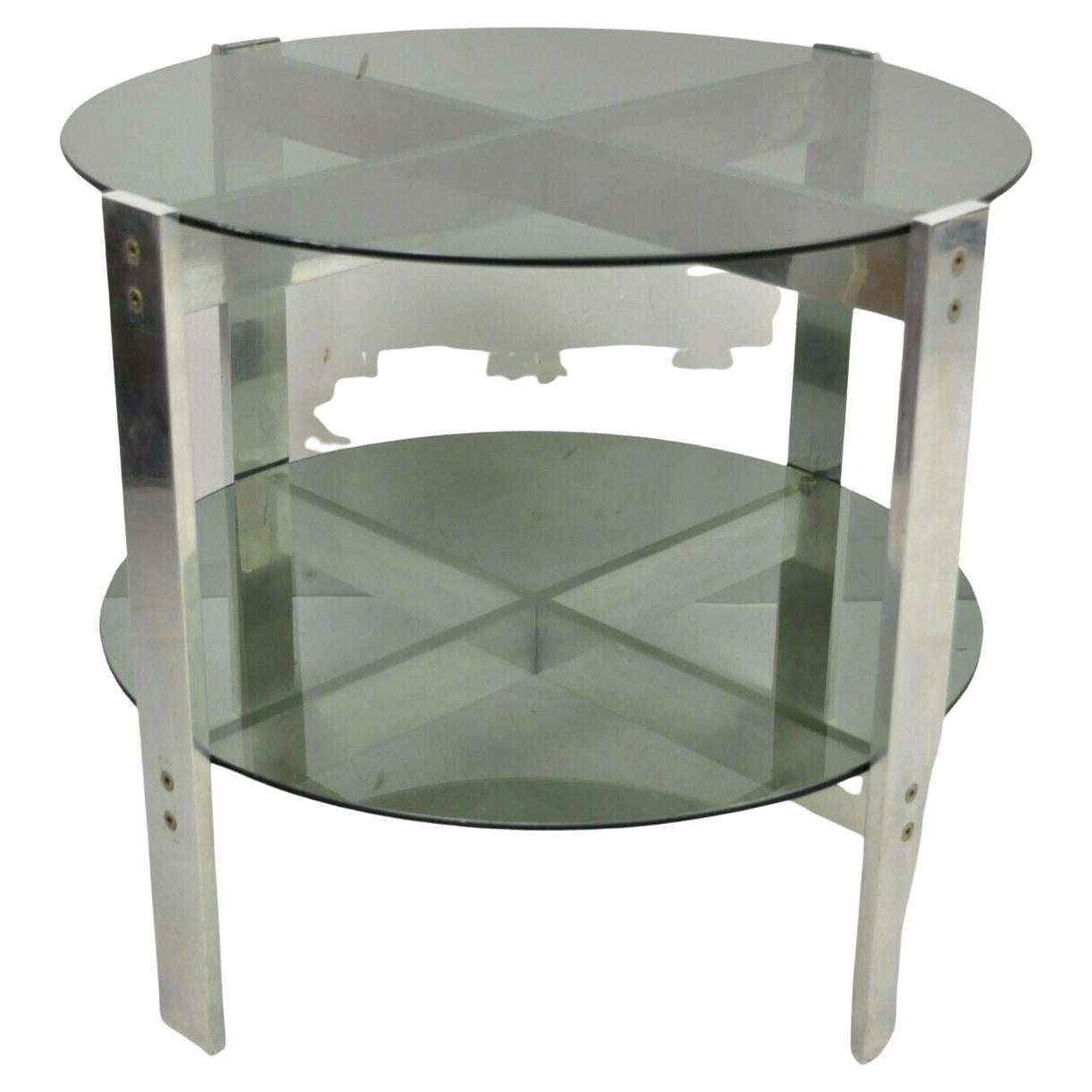 Table d'appoint ronde moderne du milieu du siècle dernier en verre fumé à 2 niveaux avec base en aluminium