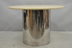 Vintage Mid Century Modern Round Travertine Chrome Steel Pedestal Dining Table