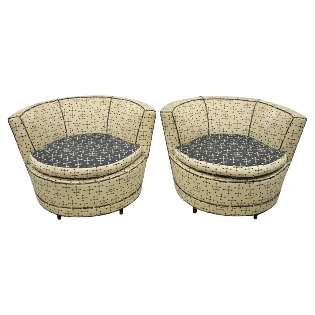 Vintage Mid Century Modern Round Upholstered Oversized Club Lounge Chairs - Pair