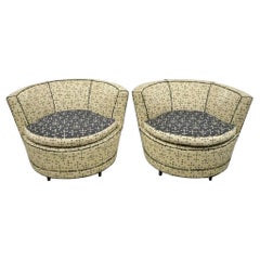 Vintage Mid Century Modern Round Upholstered Oversized Club Lounge Chairs - Pair