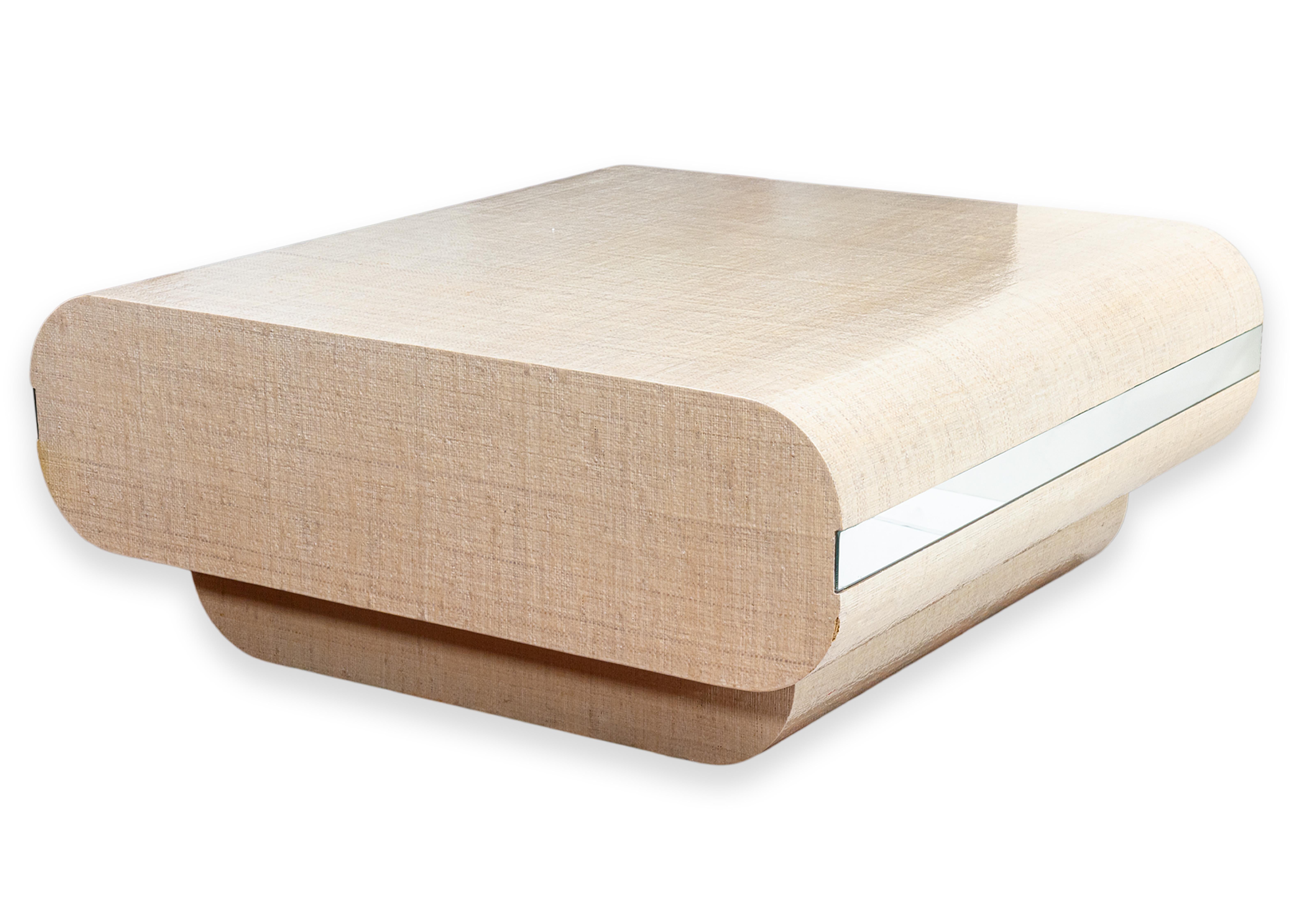 Toile de ramie Table basse à miroir en toile d'herbe arrondie Vintage Mid Century Modern by Pace en vente