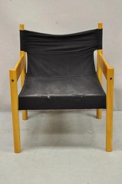 Vintage Mid Century Modern Scandinavian Black Canvas Birch Wood Lounge Chair