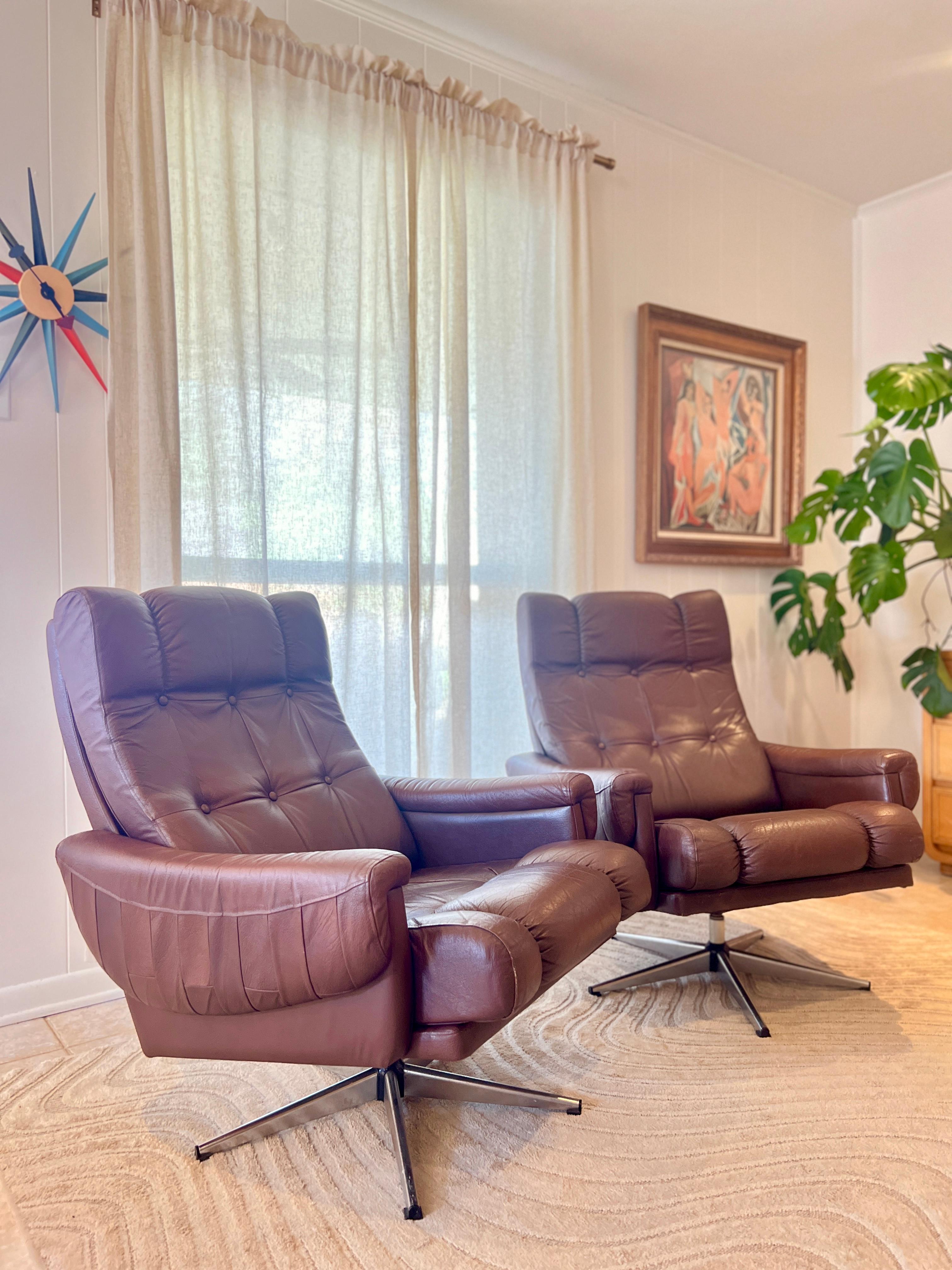 Vintage Mid-Century Modern Scandinavian Brown Leather Swivel Lounge Chairs 4