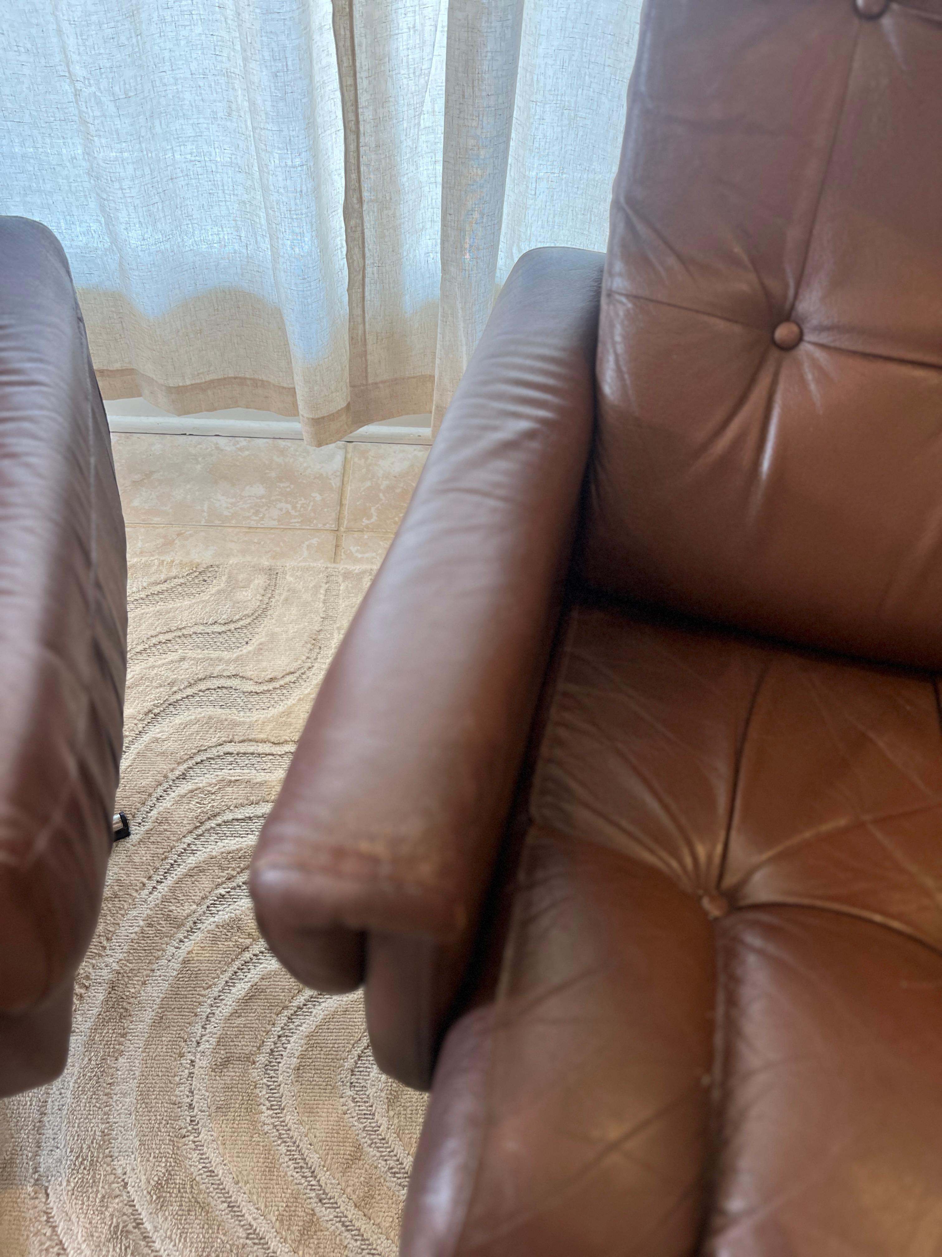 Vintage Mid-Century Modern Scandinavian Brown Leather Swivel Lounge Chairs 1