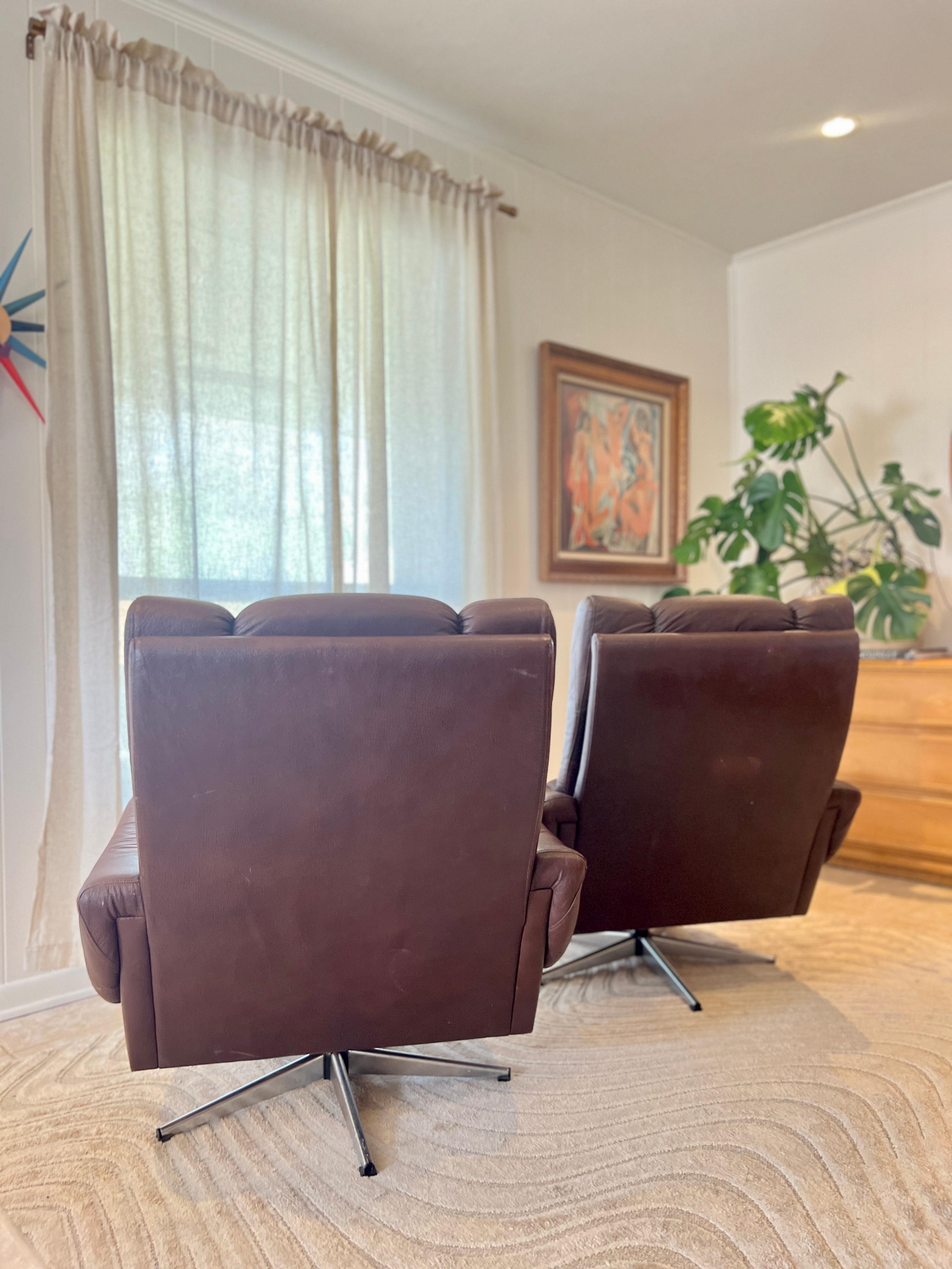 Vintage Mid-Century Modern Scandinavian Brown Leather Swivel Lounge Chairs 2