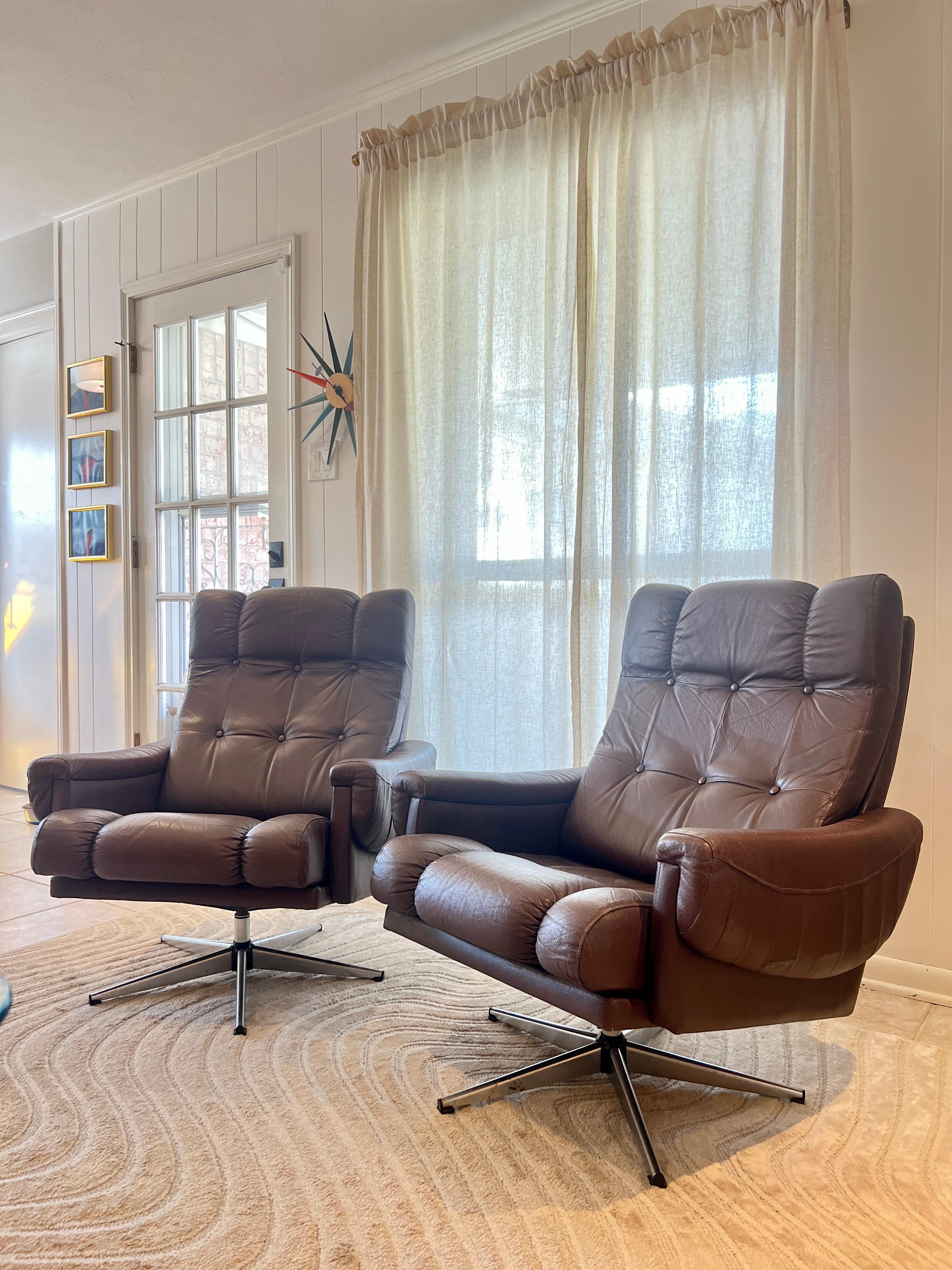 Vintage Mid-Century Modern Scandinavian Brown Leather Swivel Lounge Chairs 3