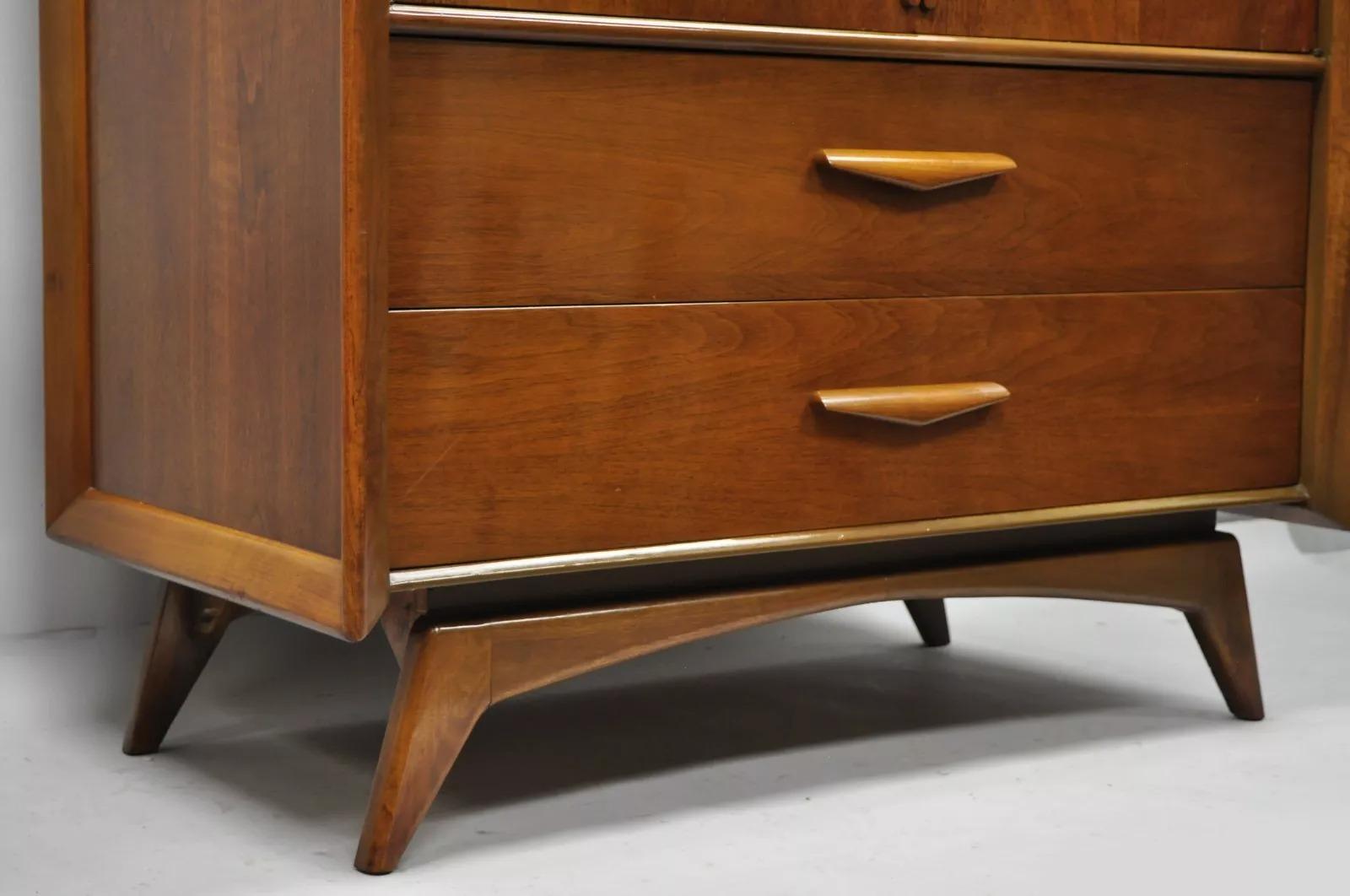 Unknown Vintage Mid Century Modern Sculpted Angled Walnut Highboy Tall Chest Dresser For Sale