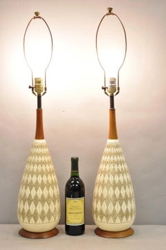 Vintage Mid Century Modern Sculpted Ceramic Pottery & Walnut Table Lamps - Pair