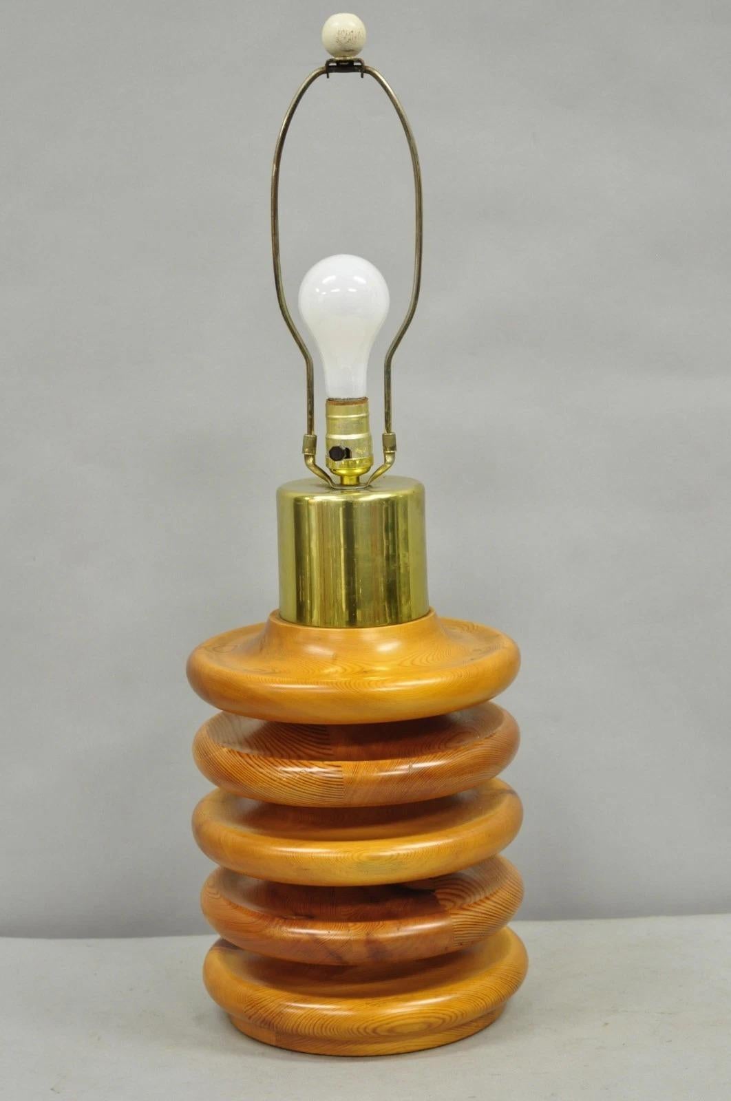 Vintage Mid Century Modern Sculpted Pine Wood Stacked Beehive Table Lamp For Sale 3