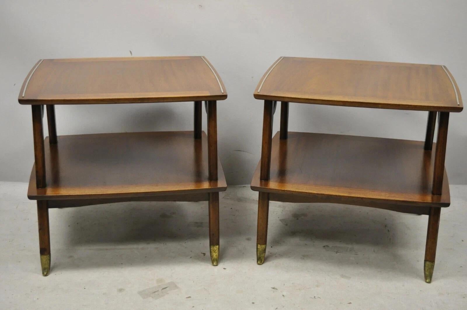 Mid-Century Modern Vintage Mid Century Modern Sculpted Walnut 2 Tier End Tables w Brass Feet - Pair For Sale