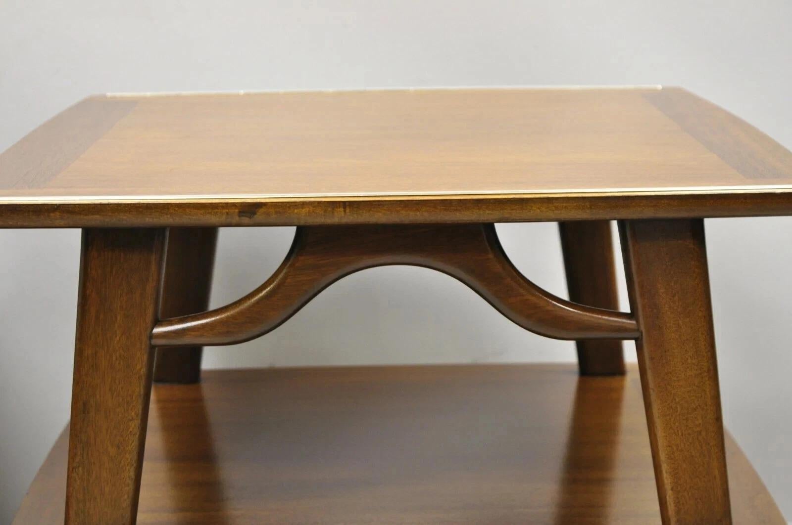 Unknown Vintage Mid Century Modern Sculpted Walnut 2 Tier End Tables w Brass Feet - Pair For Sale