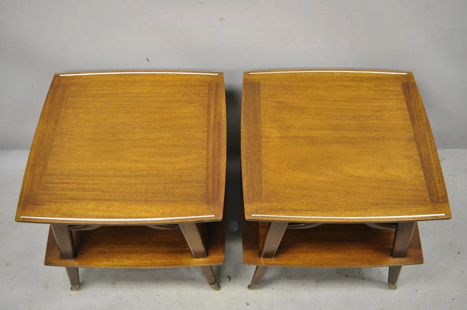 Vintage Mid Century Modern Sculpted Walnut 2 Tier End Tables w Brass Feet - Pair In Good Condition For Sale In Philadelphia, PA