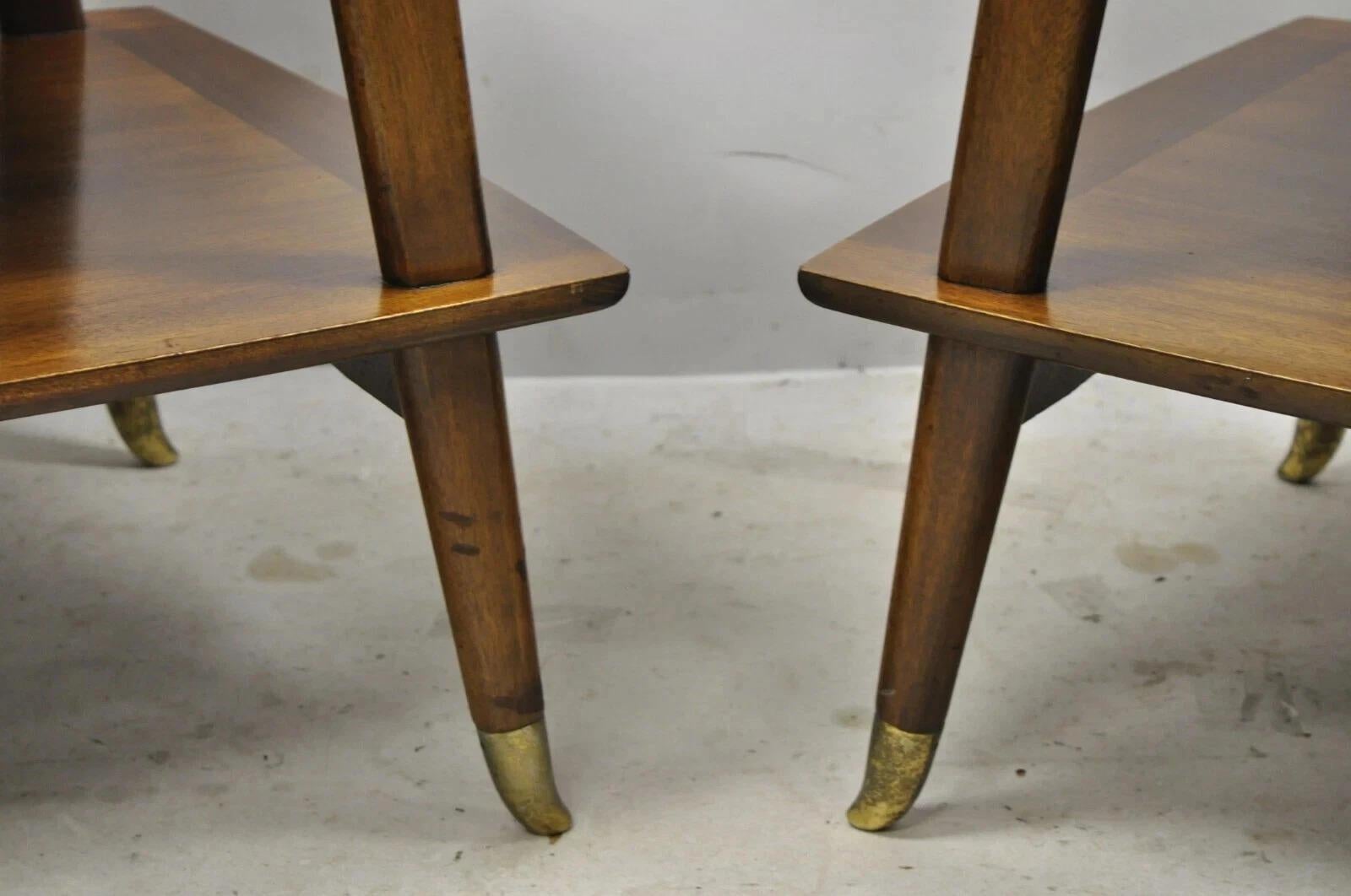 Vintage Mid Century Modern Sculpted Walnut 2 Tier End Tables w Brass Feet - Pair For Sale 3