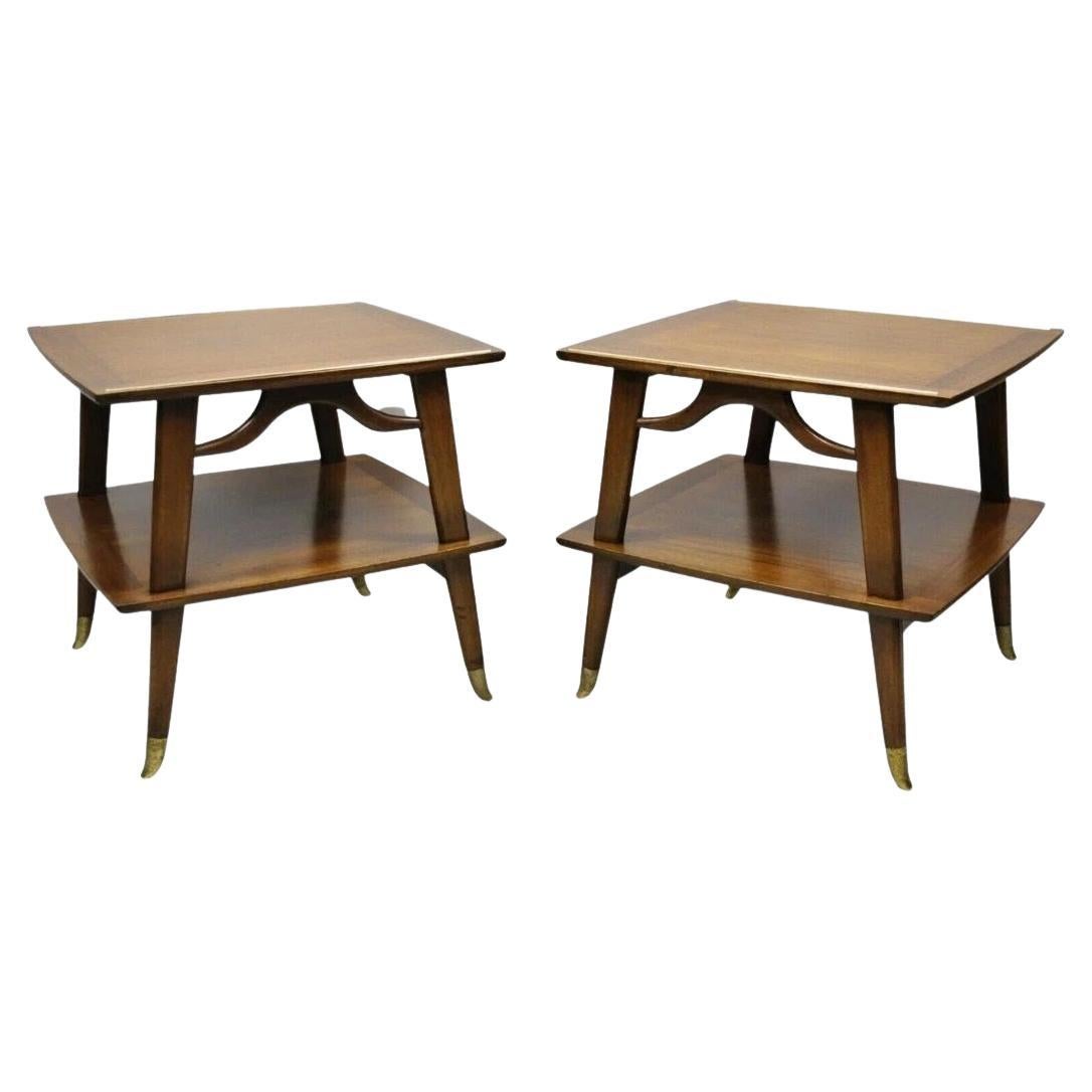 Vintage Mid Century Modern Sculpted Walnut 2 Tier End Tables w Brass Feet - Pair