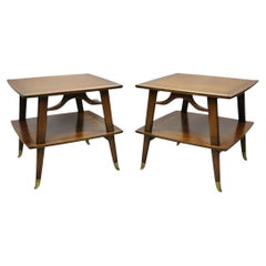 Vintage Mid Century Modern Sculpted Walnut 2 Tier End Tables w Brass Feet - Pair