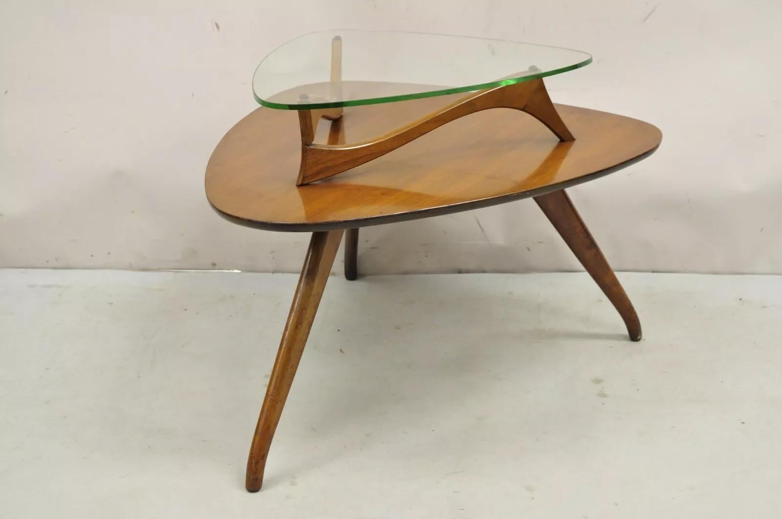 Vintage Mid Century Modern Sculpted Nussbaum Schwebende Glas Beistelltisch im Angebot 5