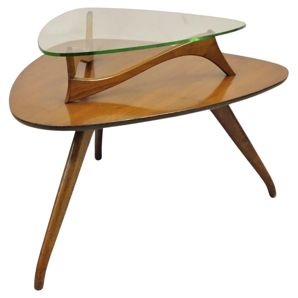 Vintage Mid Century Modern Sculpted Nussbaum Schwebende Glas Beistelltisch im Angebot
