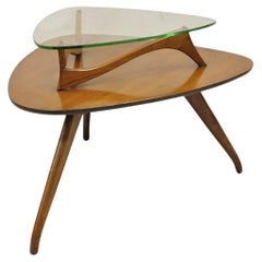 Mesa Auxiliar Flotante de Cristal Esculpido en Nogal Vintage Mid Century Modern