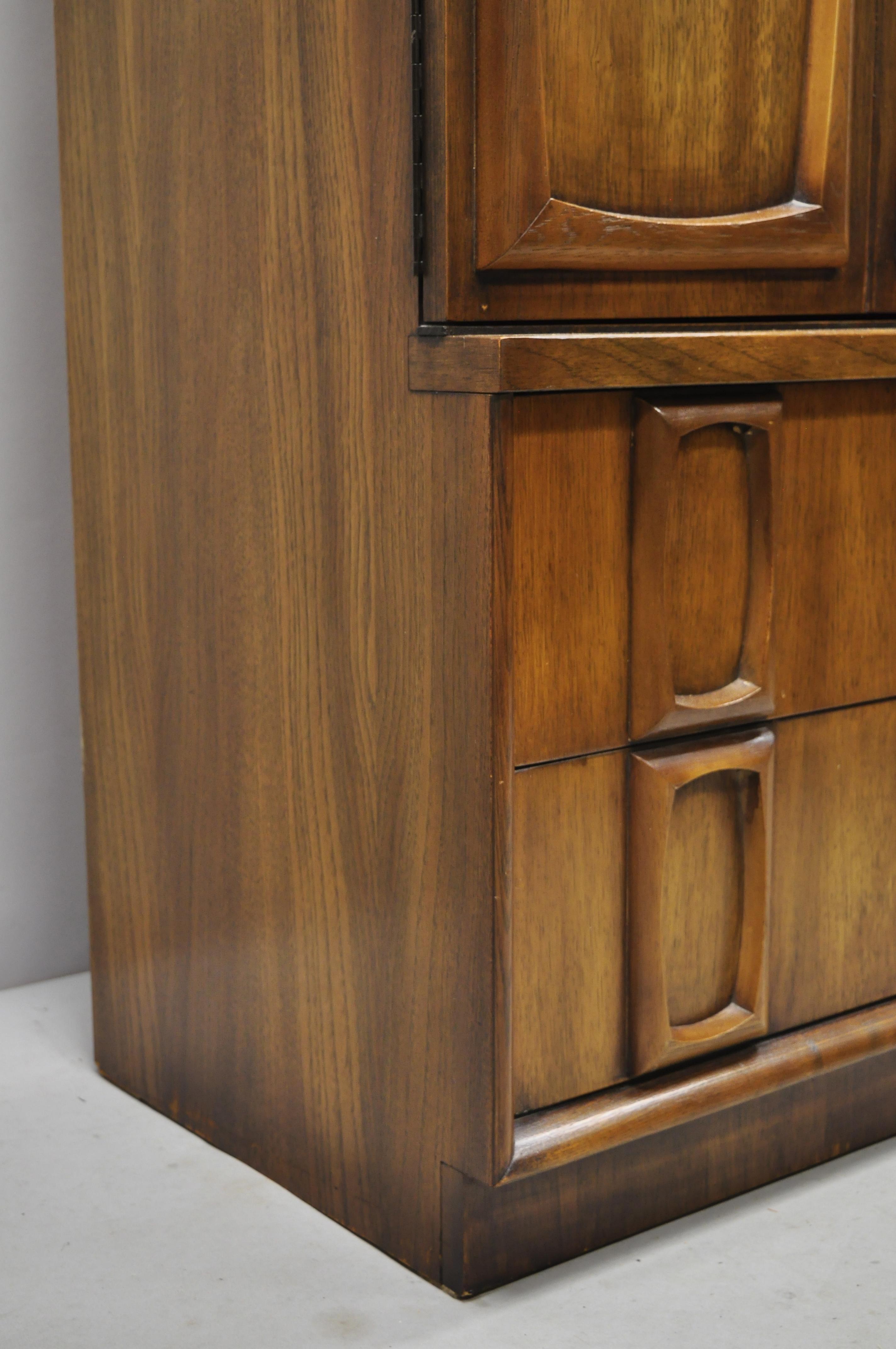 Vintage Mid-Century Modern Sculpted Walnut Tall Chest Dresser Armoire Cabinet For Sale 4