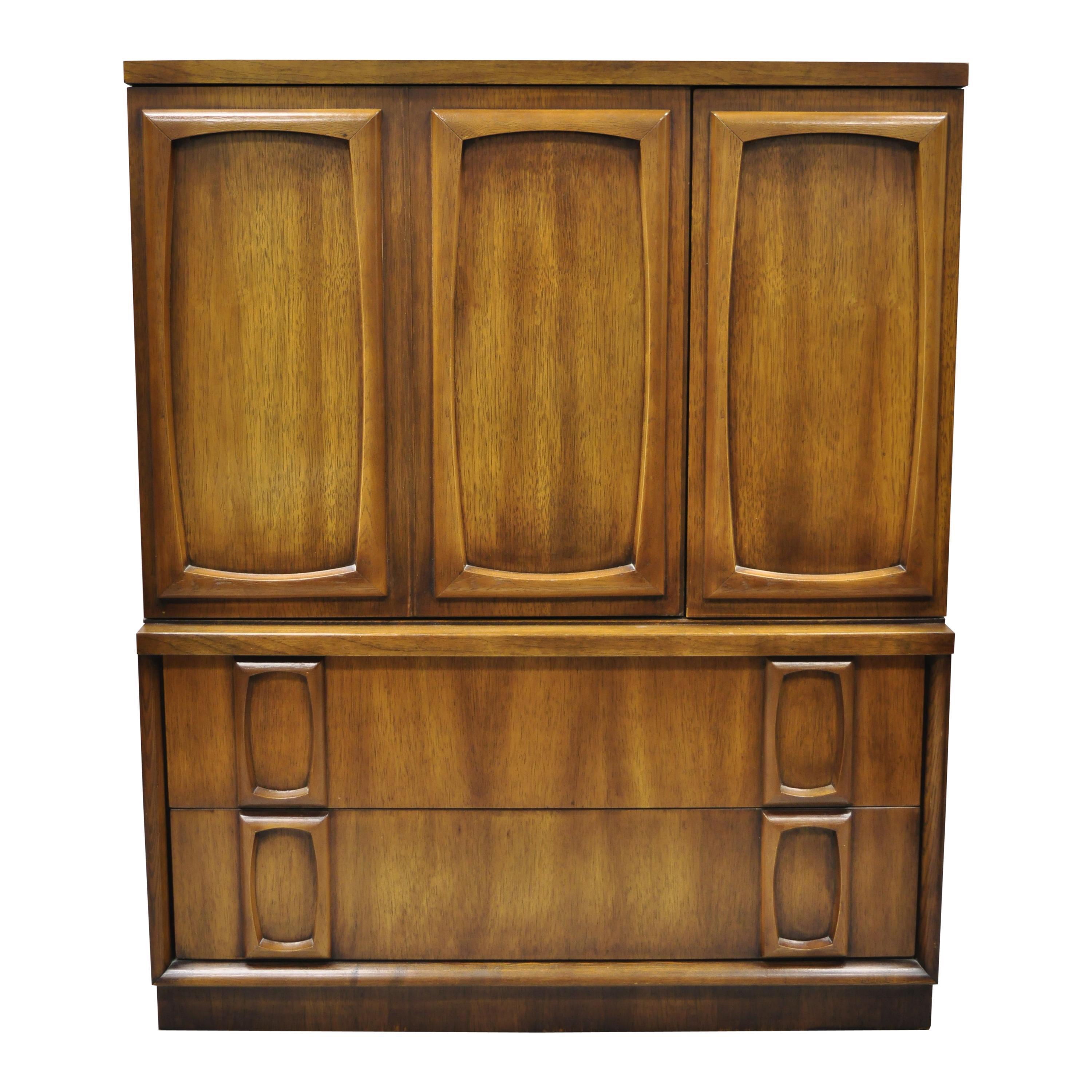 Vintage Mid-Century Modern Sculpted Walnut Tall Chest Dresser Armoire Cabinet For Sale