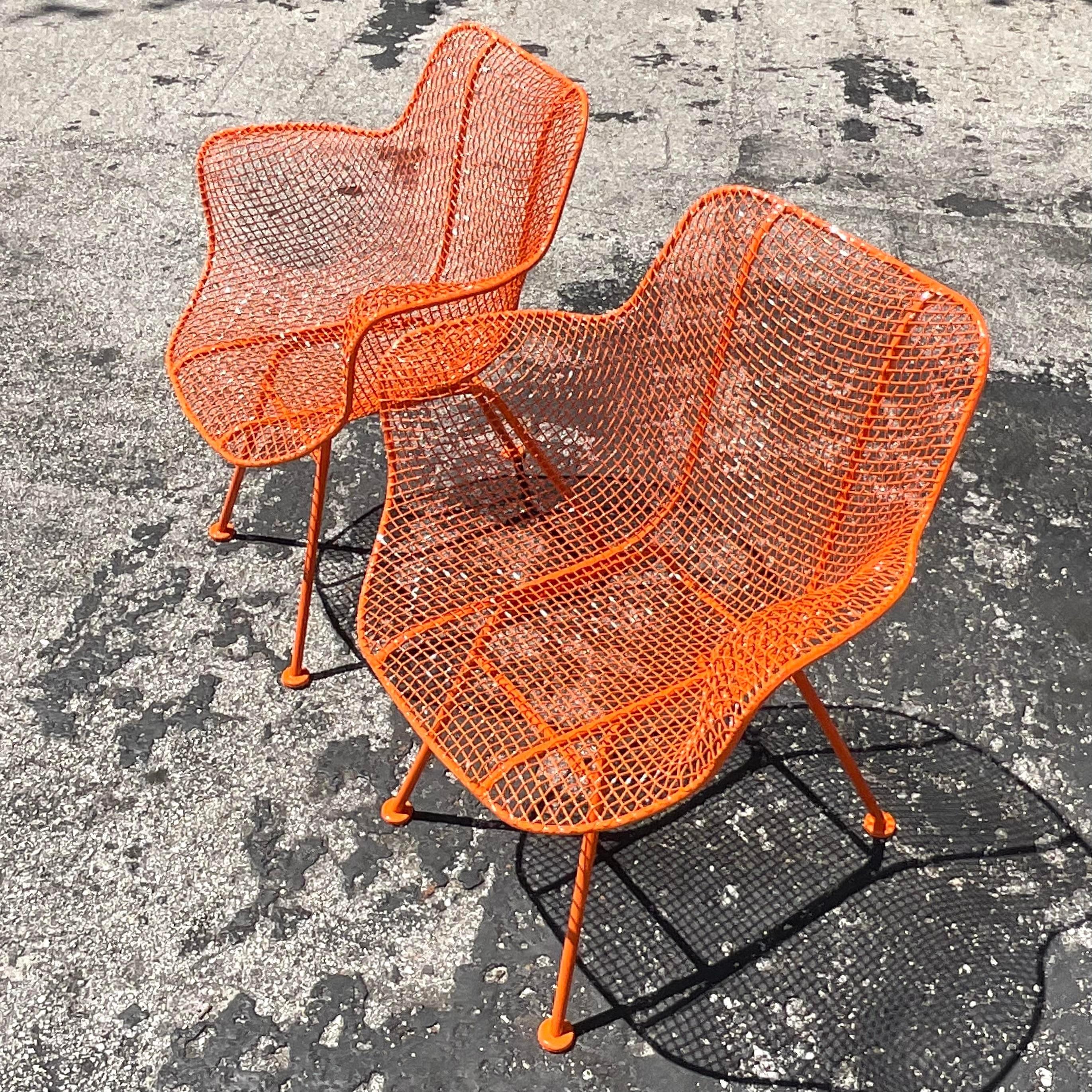 American Vintage Mid-Century Modern “Sculptura” Wrought Iron Chairs After Russell Woodard For Sale