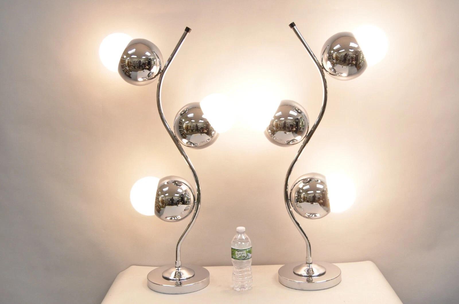 Vintage Mid Century Modern Sculptural Chrome Orb 3 Light Table Lamps After George Kovacs - a Pair. Circa Mid 20th Century. Measurements: 33