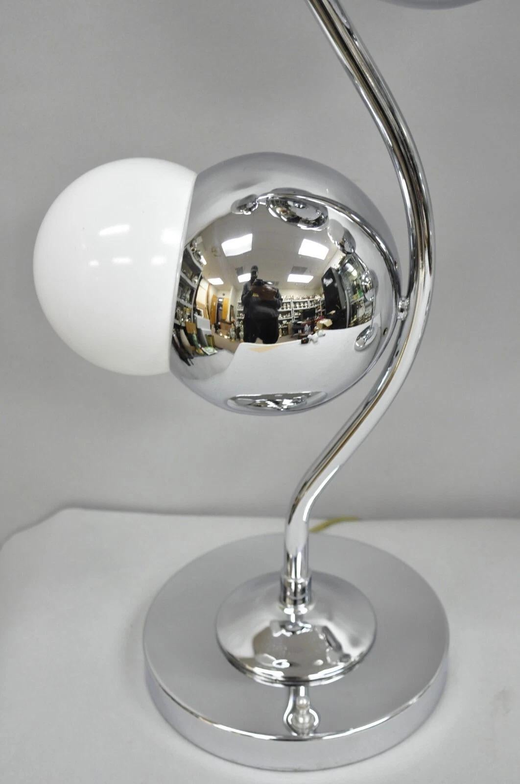 20th Century Vintage Mid Century Modern Sculptural Chrome Orb 3 Light Table Lamp - a Pair For Sale