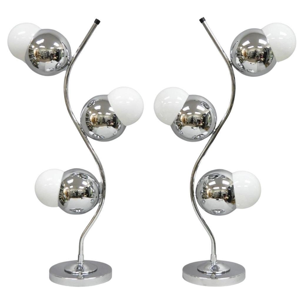 Vintage Mid Century Modern Sculptural Chrome Orb 3 Light Table Lamp - a Pair For Sale