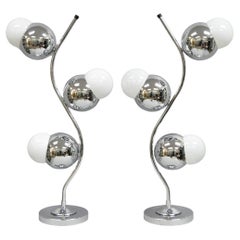 Vintage Mid Century Modern Sculptural Chrome Orb 3 Light Table Lamp - a Pair