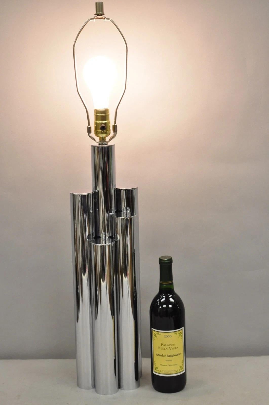 Vintage Mid Century Modern Sculptural Stacked Chrome Skyscraper Table Lamp. Circa Late 20th Century. Measurements: 32