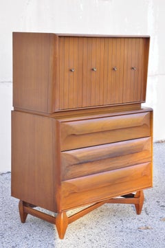Vintage Mid-Century Modern Sculptural Walnut Danish Highboy Tall Chest Dresser