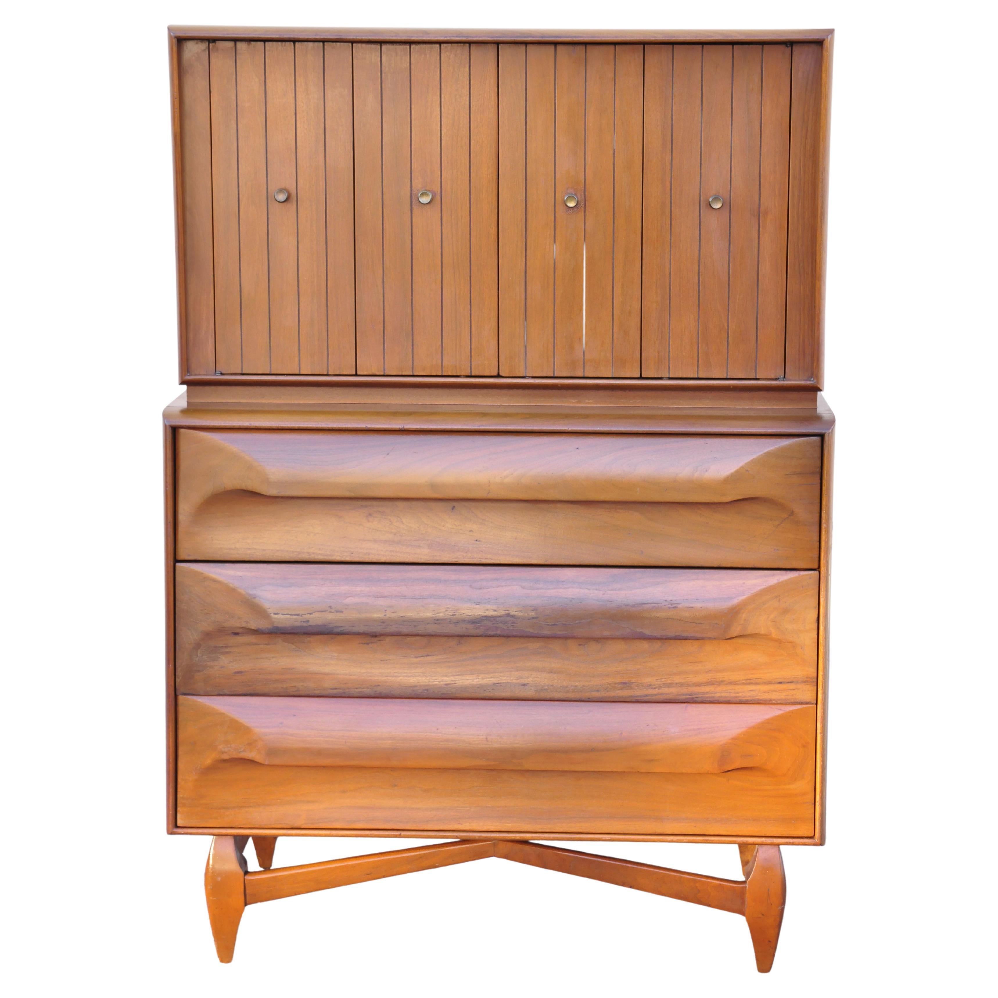 Vintage Mid-Century Modern Sculptural Walnut Danish Highboy Tall Chest Dresser