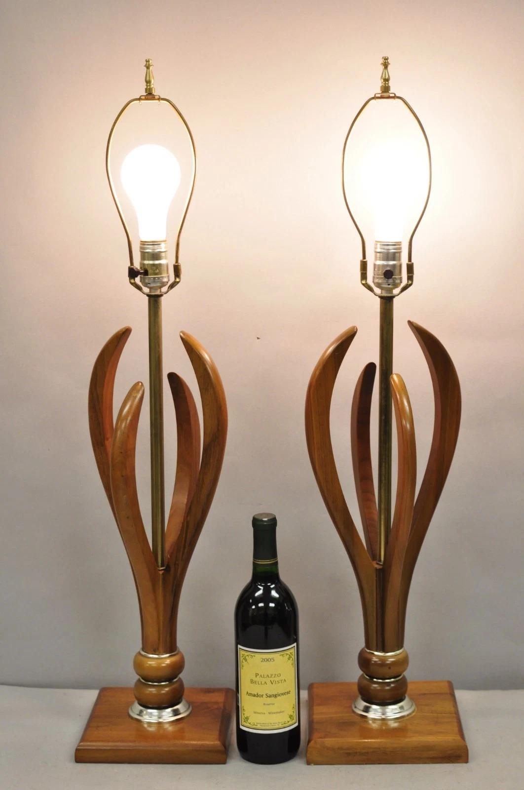 Vintage Mid Century Modern Sculptural Walnut Wood & Brass Table Lamps - a Pair. Circa Mid 20th Century. Measurements: 32