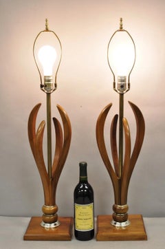 Vintage Mid Century Modern Sculptural Walnut Wood & Brass Table Lamps - a Pair