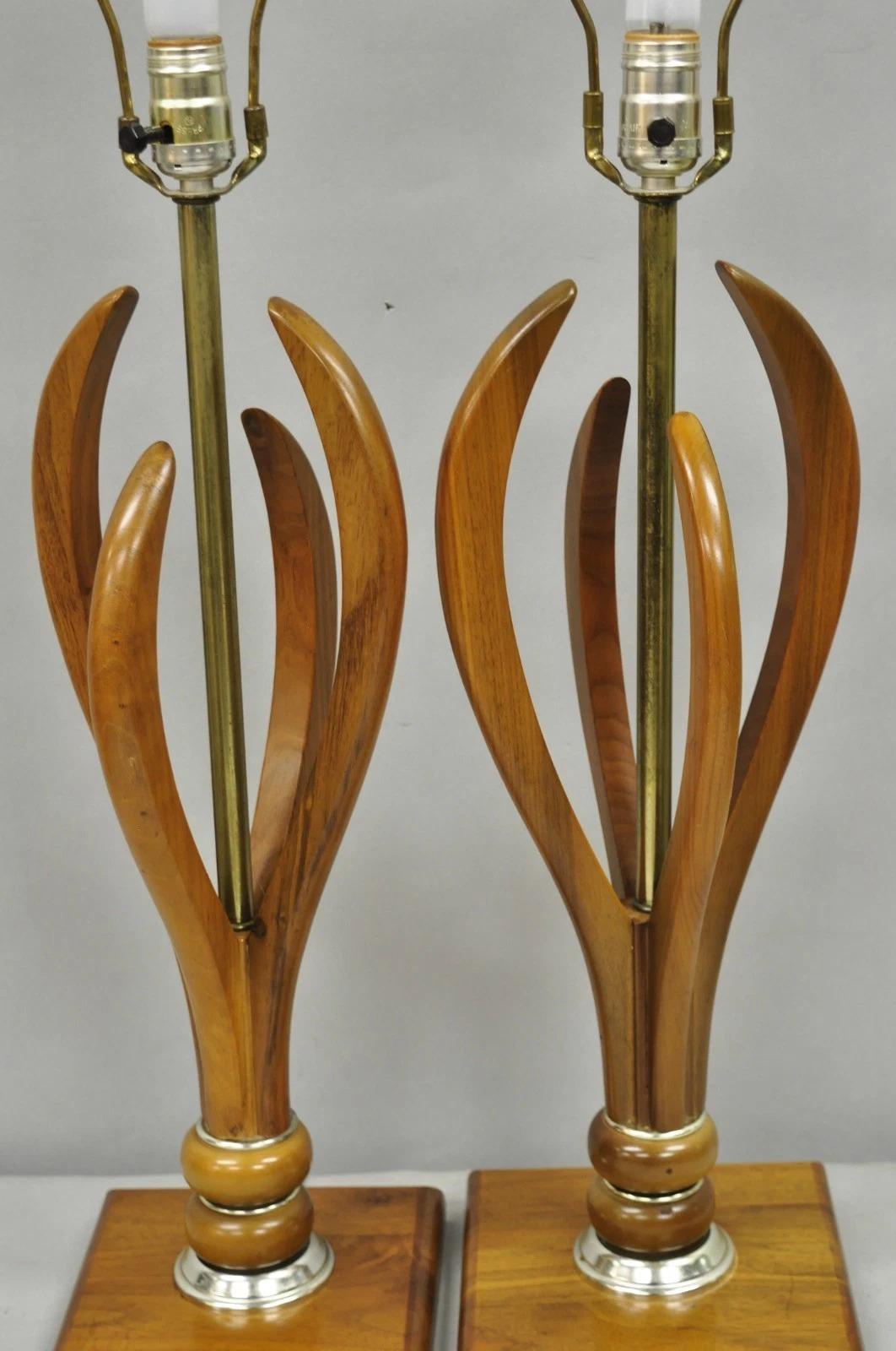 Mid-Century Modern Vintage Mid Century Modern Sculptural Walnut Wood & Brass Table Lamps - a Pair For Sale