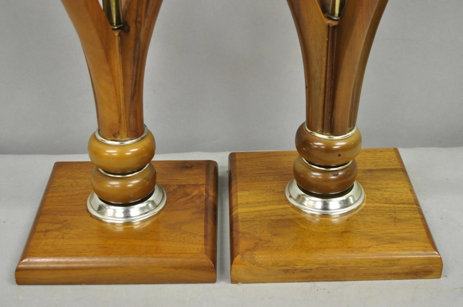 Unknown Vintage Mid Century Modern Sculptural Walnut Wood & Brass Table Lamps - a Pair For Sale