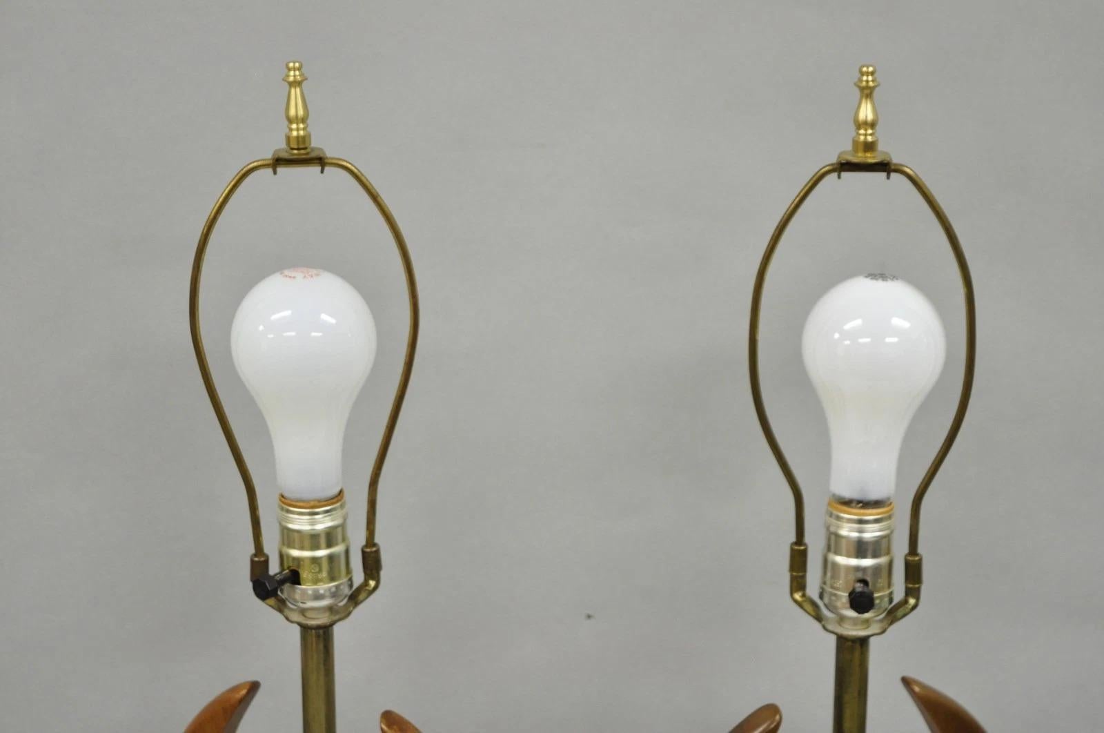 20th Century Vintage Mid Century Modern Sculptural Walnut Wood & Brass Table Lamps - a Pair For Sale