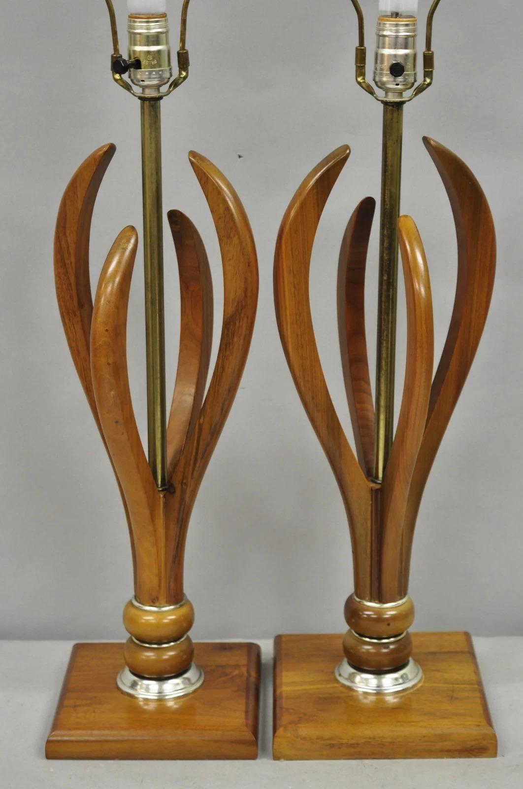 Vintage Mid Century Modern Sculptural Walnut Wood & Brass Table Lamps - a Pair For Sale 1