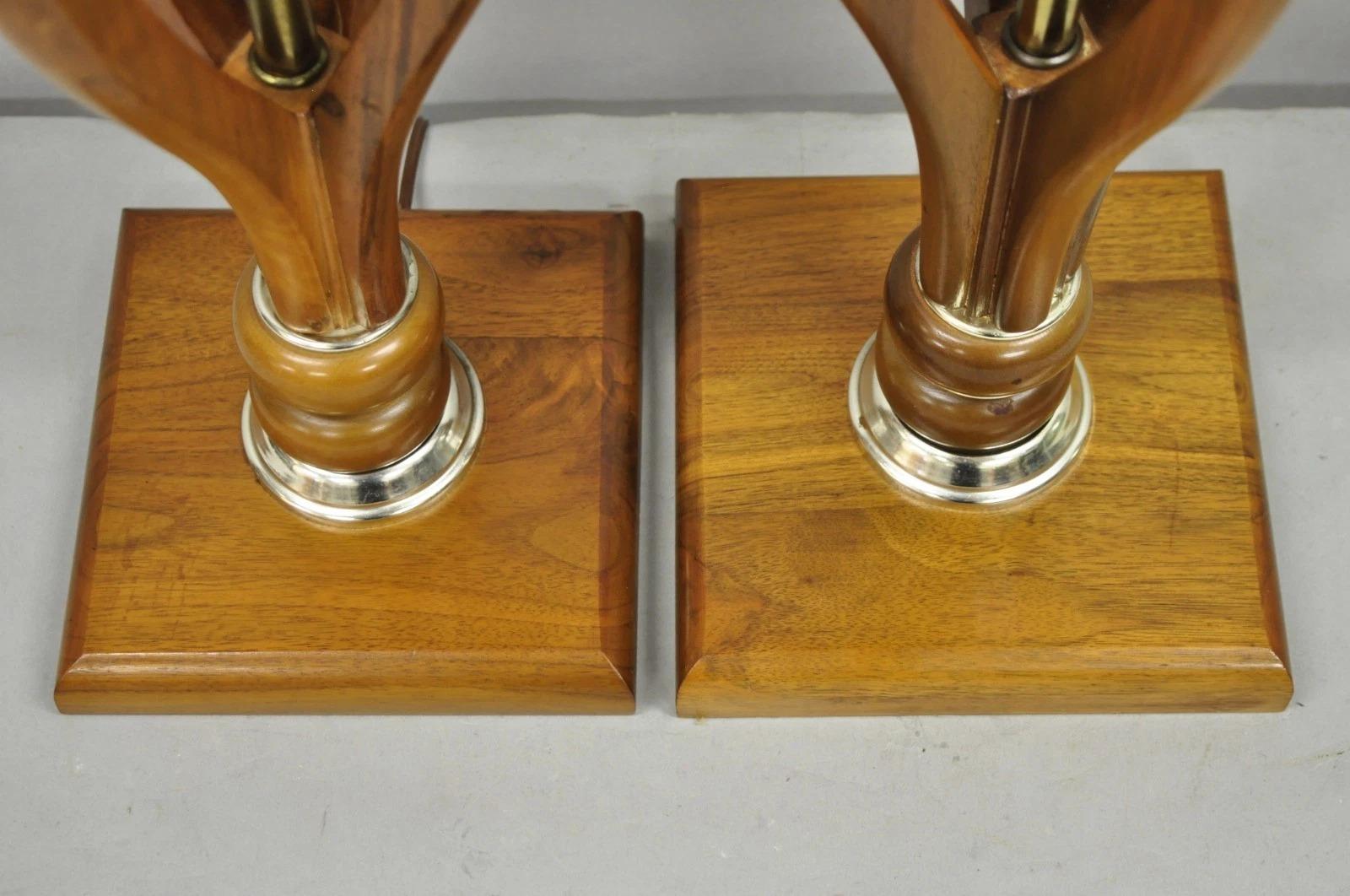 Vintage Mid Century Modern Sculptural Walnut Wood & Brass Table Lamps - a Pair For Sale 2