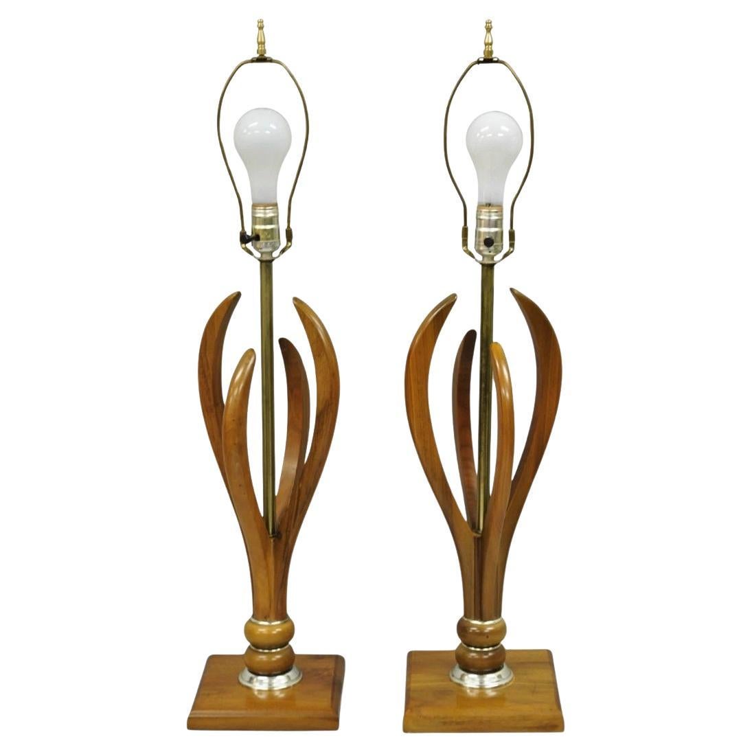 Vintage Mid Century Modern Sculptural Walnut Wood & Brass Table Lamps - a Pair For Sale