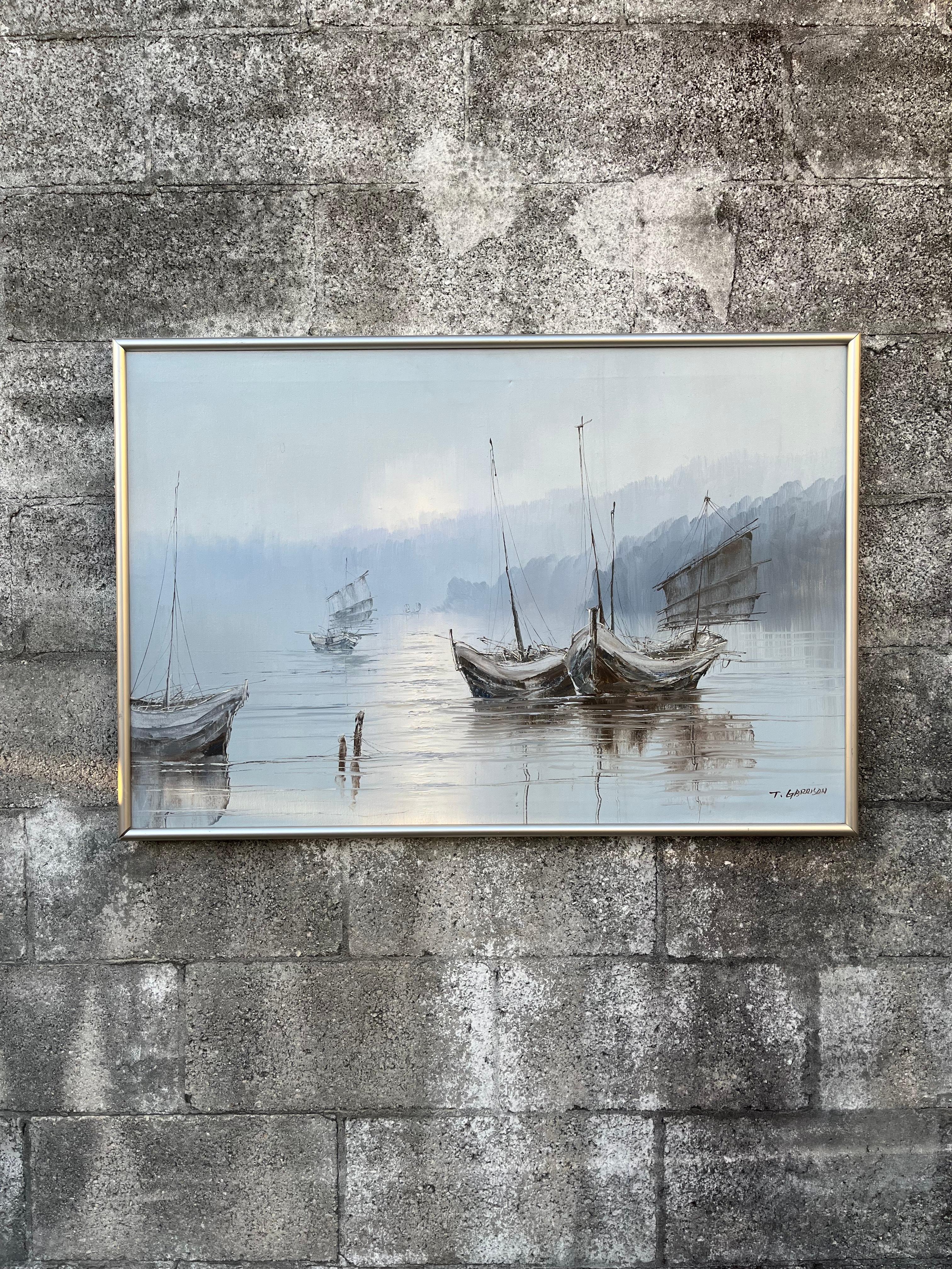 Peinture à l'huile moderne du milieu du siècle dernier, signée par l'artiste C 1950. I.C. Bon état - En vente à Miami, FL