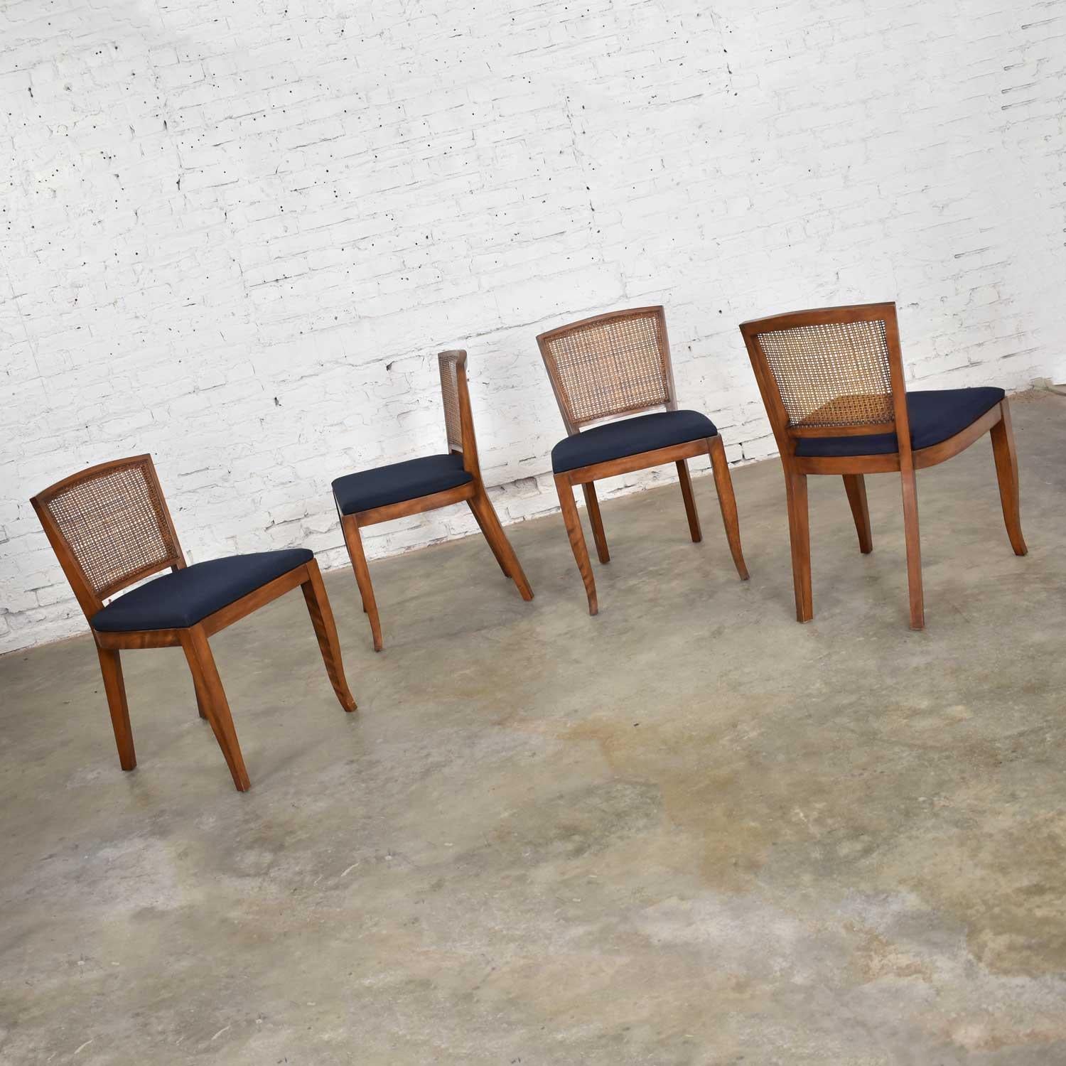 Vintage Mid-Century Modern Set of 4 Cane Back Dining Chairs Newly Upholstered 1